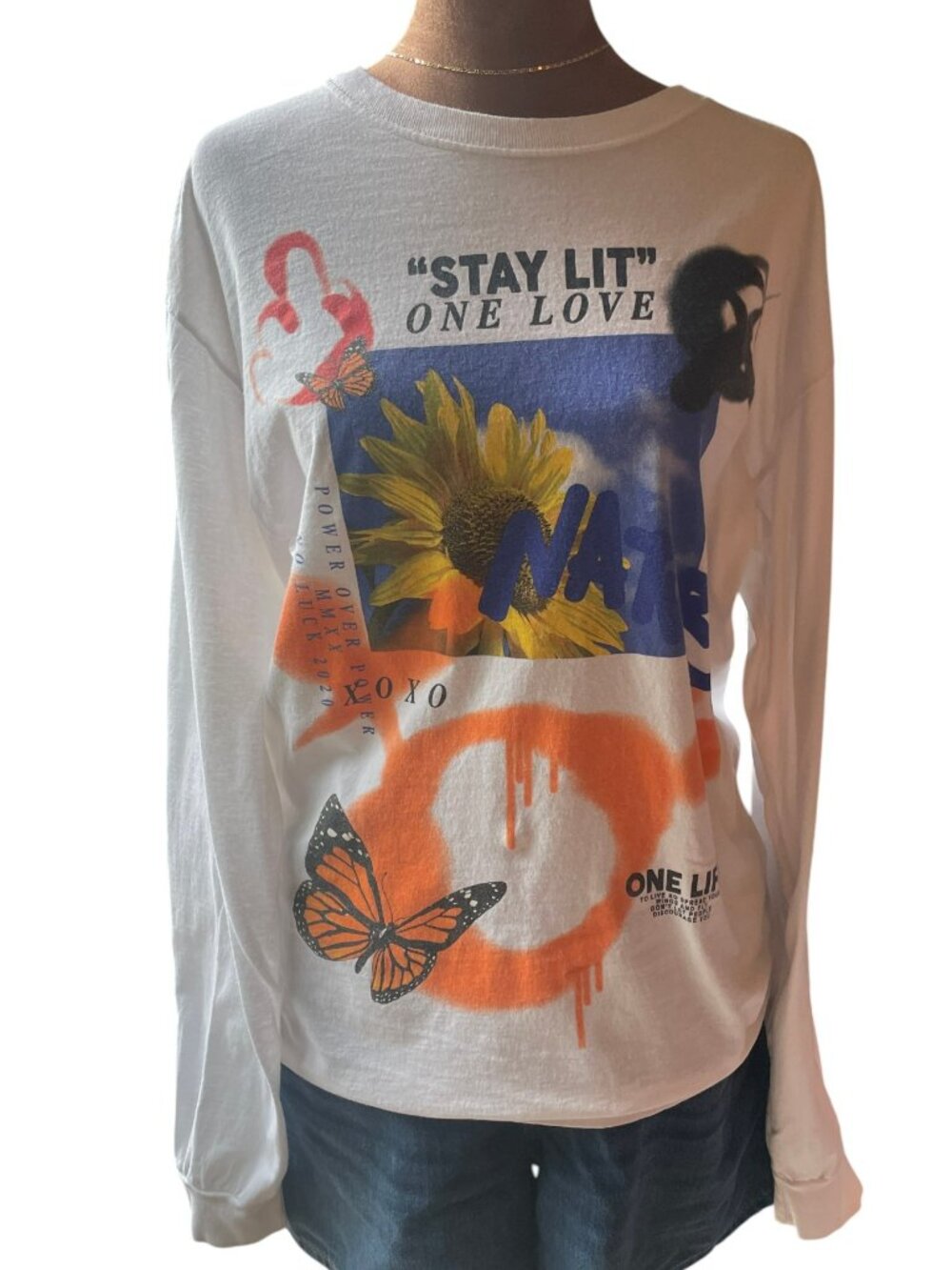 PacSun "Stay Lit One Love" Sunflower Butterfly Graphic Long Sleeve Tee Size Med